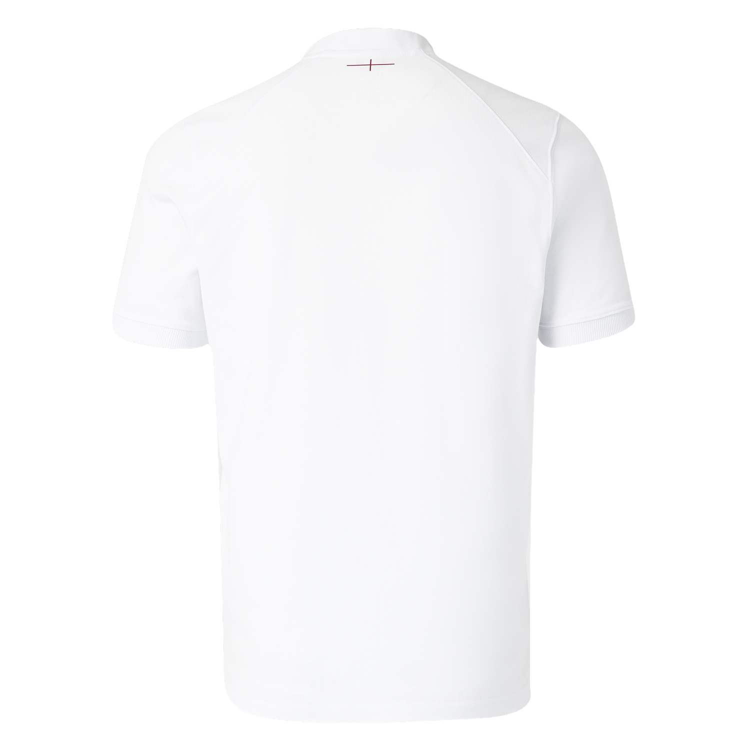 Back view of the England 26/27 Classic Home Jersey by Castore—a plain white short-sleeve shirt with a small red cross near the collar, inspired by classic kits and shown against a white background.