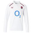 The England 26/27 Classic Long Sleeve Home Jersey by Castore features a white design with the iconic rose emblem, red Castore logo, and bold blue "O2" sponsor on the chest.