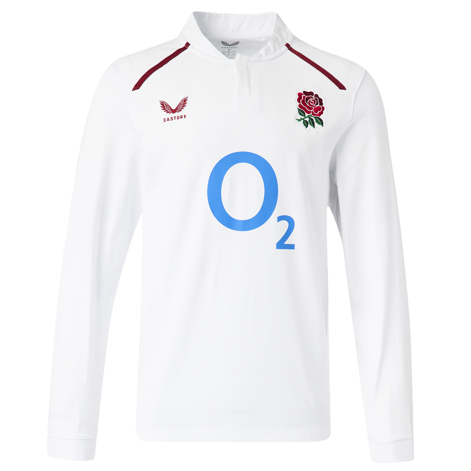 The England 26/27 Classic Long Sleeve Home Jersey by Castore features a white design with the iconic rose emblem, red Castore logo, and bold blue "O2" sponsor on the chest.