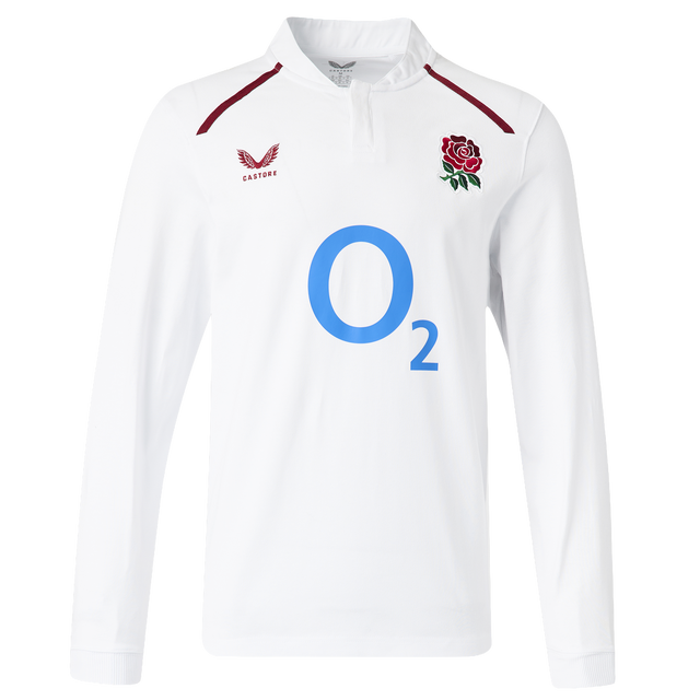 The England 26/27 Classic Long Sleeve Home Jersey by Castore features a white design with the iconic rose emblem, red Castore logo, and bold blue "O2" sponsor on the chest.