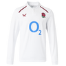 The England 26/27 Classic Long Sleeve Home Jersey by Castore features a white design with the iconic rose emblem, red Castore logo, and bold blue "O2" sponsor on the chest.