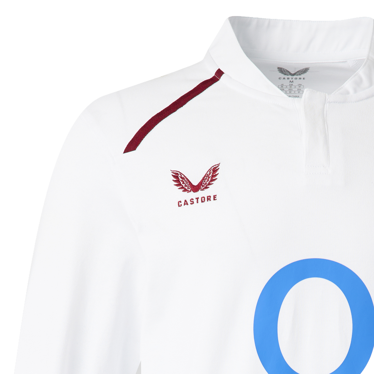The England 26/27 Classic Long Sleeve Home Jersey by Castore features a white design with a maroon Castore logo and chest text, a blue "O" detail, and a maroon shoulder stripe.