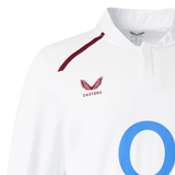 The England 26/27 Classic Long Sleeve Home Jersey by Castore features a white design with a maroon Castore logo and chest text, a blue "O" detail, and a maroon shoulder stripe.