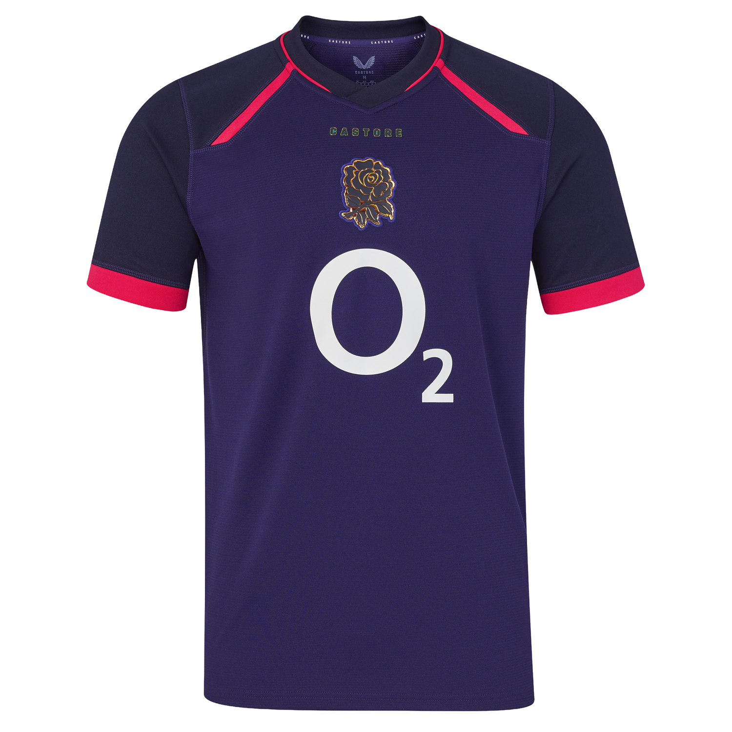 The England 26/27 Replica Alternate Jersey by Castore is a short-sleeved, dark purple shirt with pink accents, showcasing the iconic rugby rose crest and a bold white “O2” sponsor logo on the front—a standout from Castore’s Rhodonite alternate kit collection.