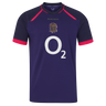 The England 26/27 Replica Alternate Jersey by Castore is a short-sleeved, dark purple shirt with pink accents, showcasing the iconic rugby rose crest and a bold white “O2” sponsor logo on the front—a standout from Castore’s Rhodonite alternate kit collection.