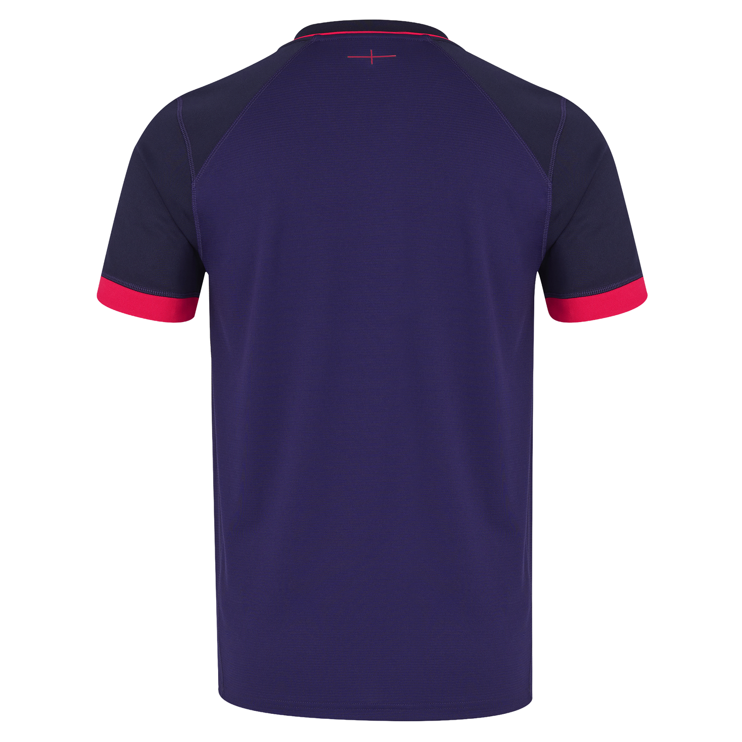 The image displays the back of the England 26/27 Replica Alternate Jersey by Castore, a short-sleeved shirt in dark purple with contrasting red sleeve cuffs and a small pink cross detail near the collar, highlighting the vibrant design elements characteristic of this alternate kit from Castore.