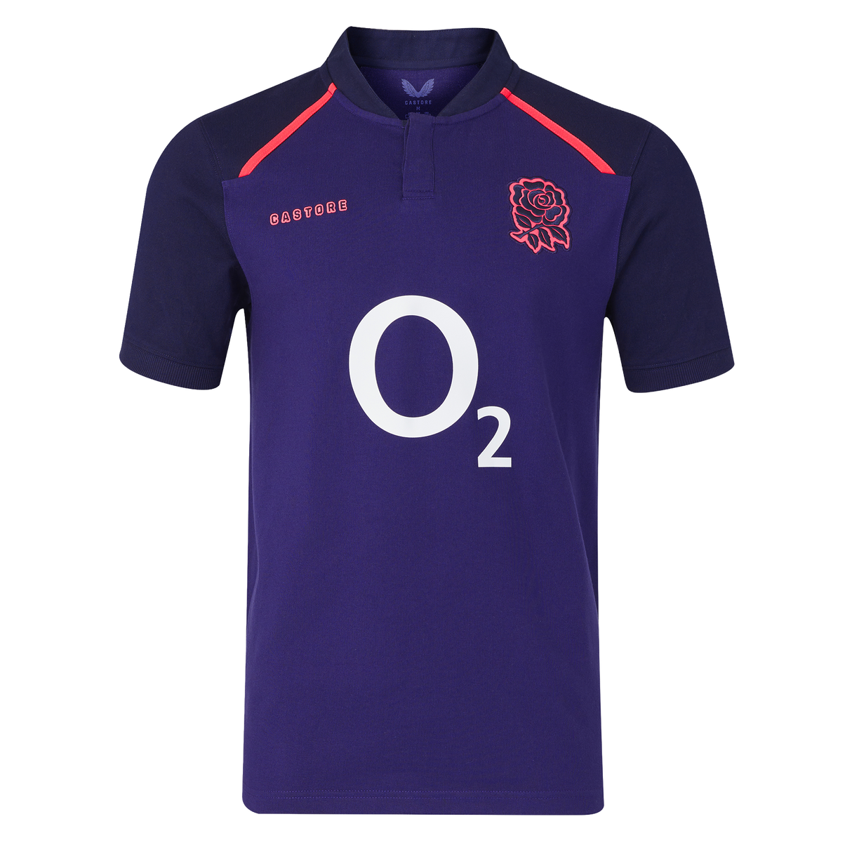 The England 26/27 Classic Alternate Jersey by Castore is a dark purple rugby top with short sleeves, a red rose crest, white "O2" sponsor logo, and Castore branding—ideal for England Rugby fans.