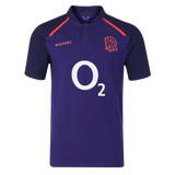 The England 26/27 Classic Alternate Jersey by Castore is a dark purple rugby top with short sleeves, a red rose crest, white "O2" sponsor logo, and Castore branding—ideal for England Rugby fans.
