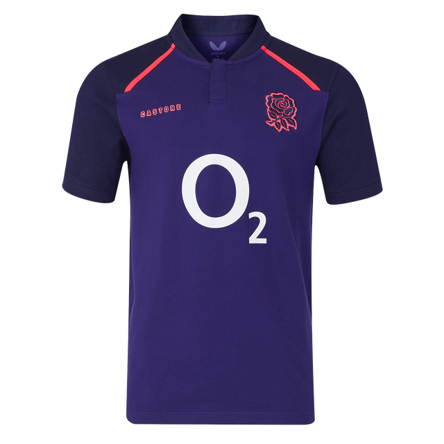 The England 26/27 Classic Alternate Jersey by Castore is a dark purple rugby top with short sleeves, a red rose crest, white "O2" sponsor logo, and Castore branding—ideal for England Rugby fans.