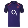 The England 26/27 Classic Alternate Jersey by Castore is a dark purple rugby top with short sleeves, a red rose crest, white "O2" sponsor logo, and Castore branding—ideal for England Rugby fans.