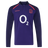 The England 26/27 Classic Long Sleeve Alternate Jersey by Castore features dark purple fabric, a red rose emblem, white O2 sponsor logo, and red Castore branding—ideal for England rugby fans.