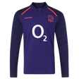 The England 26/27 Classic Long Sleeve Alternate Jersey by Castore features dark purple fabric, a red rose emblem, white O2 sponsor logo, and red Castore branding—ideal for England rugby fans.