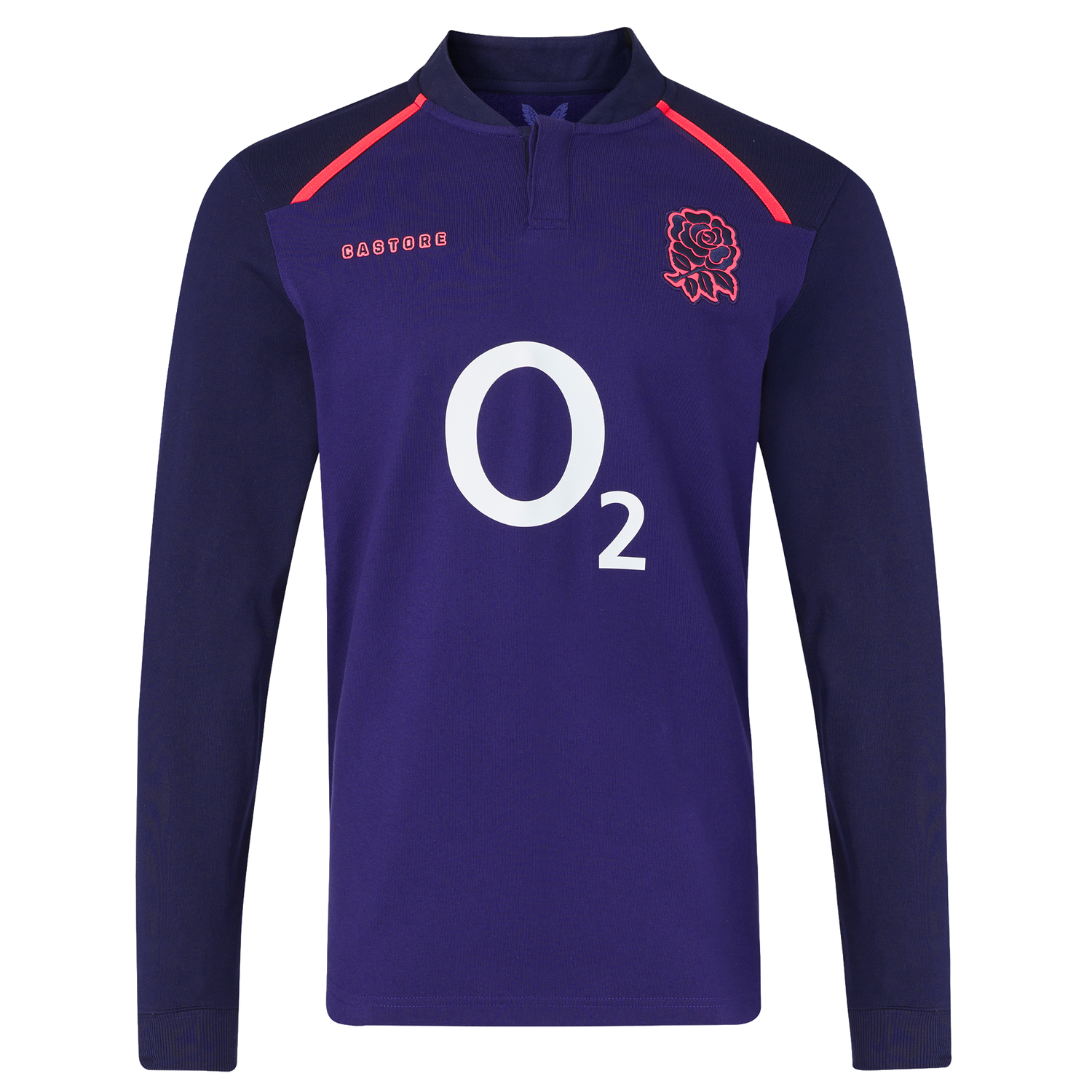 The England 26/27 Classic Long Sleeve Alternate Jersey by Castore features dark purple fabric, a red rose emblem, white O2 sponsor logo, and red Castore branding—ideal for England rugby fans.