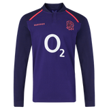 The England 26/27 Classic Long Sleeve Alternate Jersey by Castore features dark purple fabric, a red rose emblem, white O2 sponsor logo, and red Castore branding—ideal for England rugby fans.