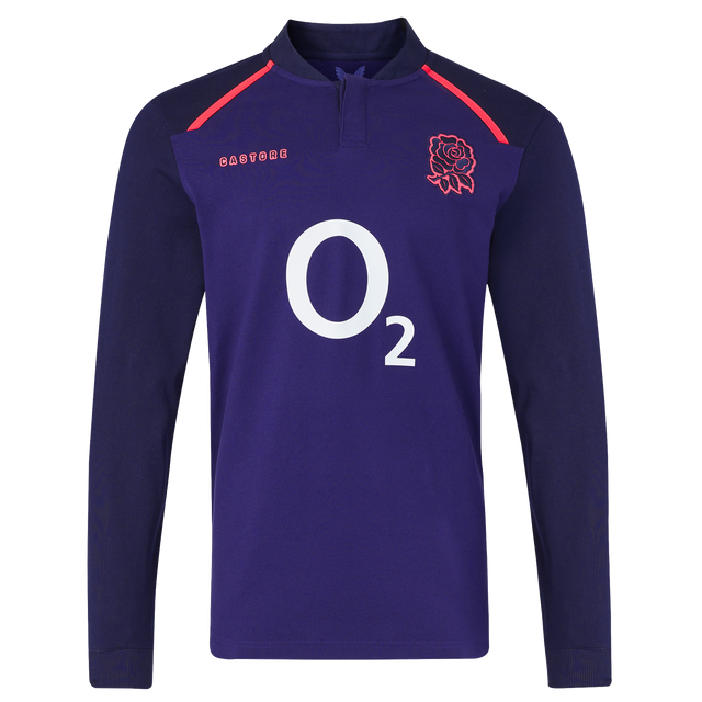 The England 26/27 Classic Long Sleeve Alternate Jersey by Castore features dark purple fabric, a red rose emblem, white O2 sponsor logo, and red Castore branding—ideal for England rugby fans.