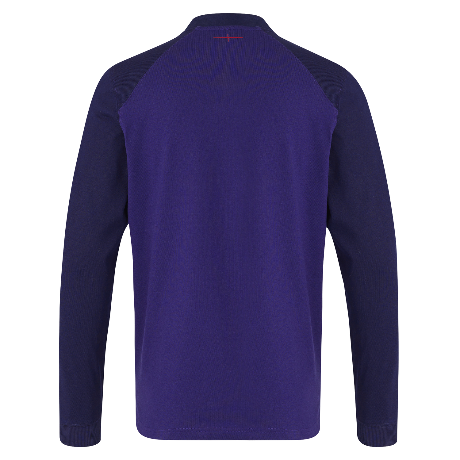 Back view of the Castore England 26/27 Classic Long Sleeve Alternate Jersey in solid dark purple with subtly darker sleeves and a small red stitch near the neckline, echoing England’s alternate rugby jersey style.