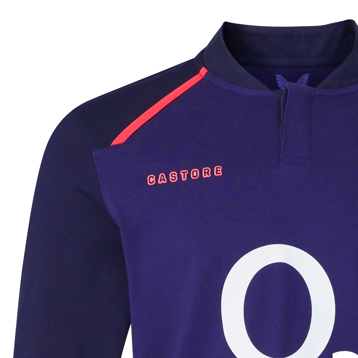 The England 26/27 Classic Long Sleeve Alternate Jersey by Castore features navy blue fabric, a red shoulder stripe, "Castore" in red, and a large white number—ideal for any England rugby fan or as a standout alternate jersey.