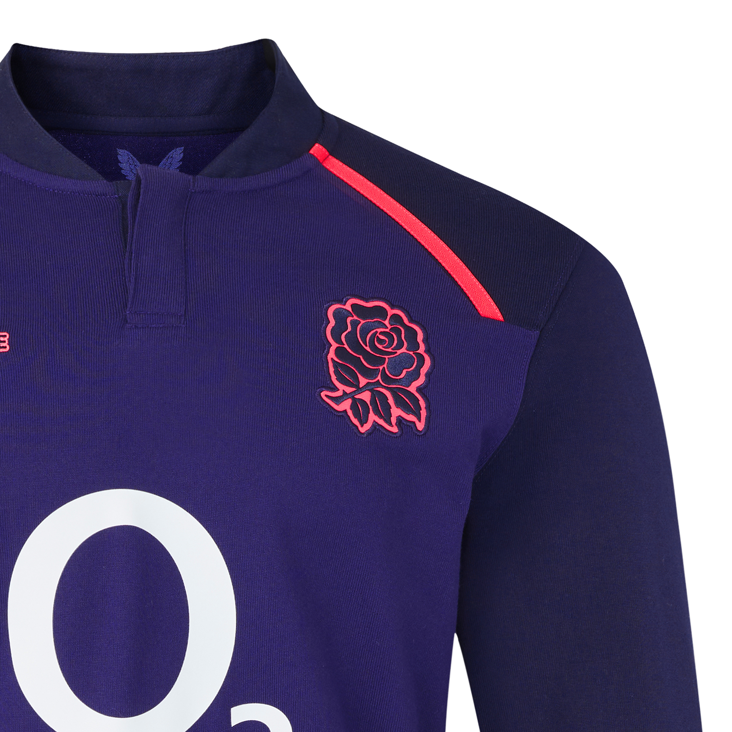 A close-up of the England 26/27 Classic Long Sleeve Alternate Jersey by Castore—a dark blue rugby top with a red rose emblem on the chest and a white "O2" logo below.