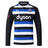 The Bath 26/27 Classic Long Sleeve Home Jersey by Castore features black, blue, and white horizontal stripes, a “dyson” sponsor logo, star and crest on the chest, and black sleeves—a timeless heritage rugby shirt from Castore.