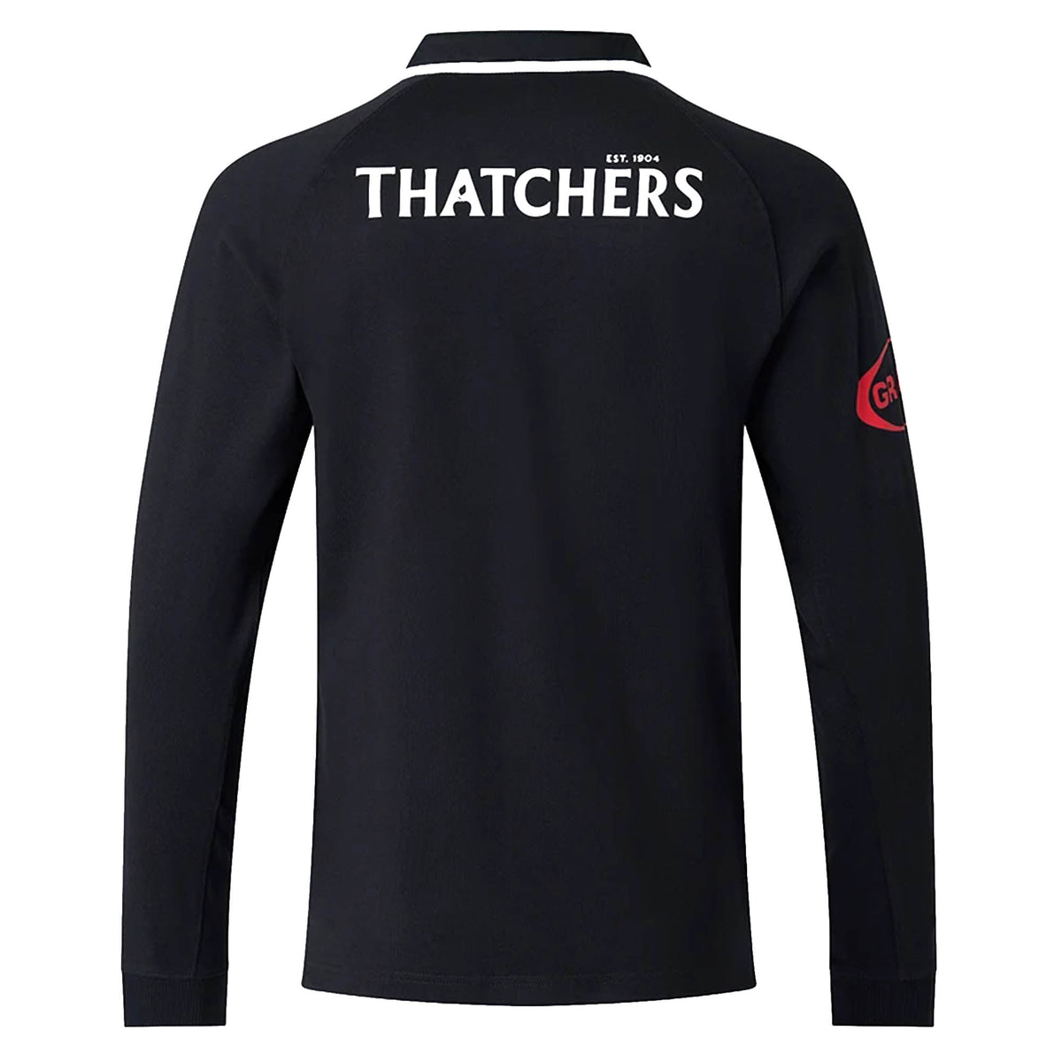 The Bath 26/27 Classic Long Sleeve Home Jersey by Castore is a black long-sleeve shirt, shown from the back. “THATCHERS” appears in white lettering across the upper back, and a red patch accents the right sleeve, giving it a heritage rugby shirt vibe.