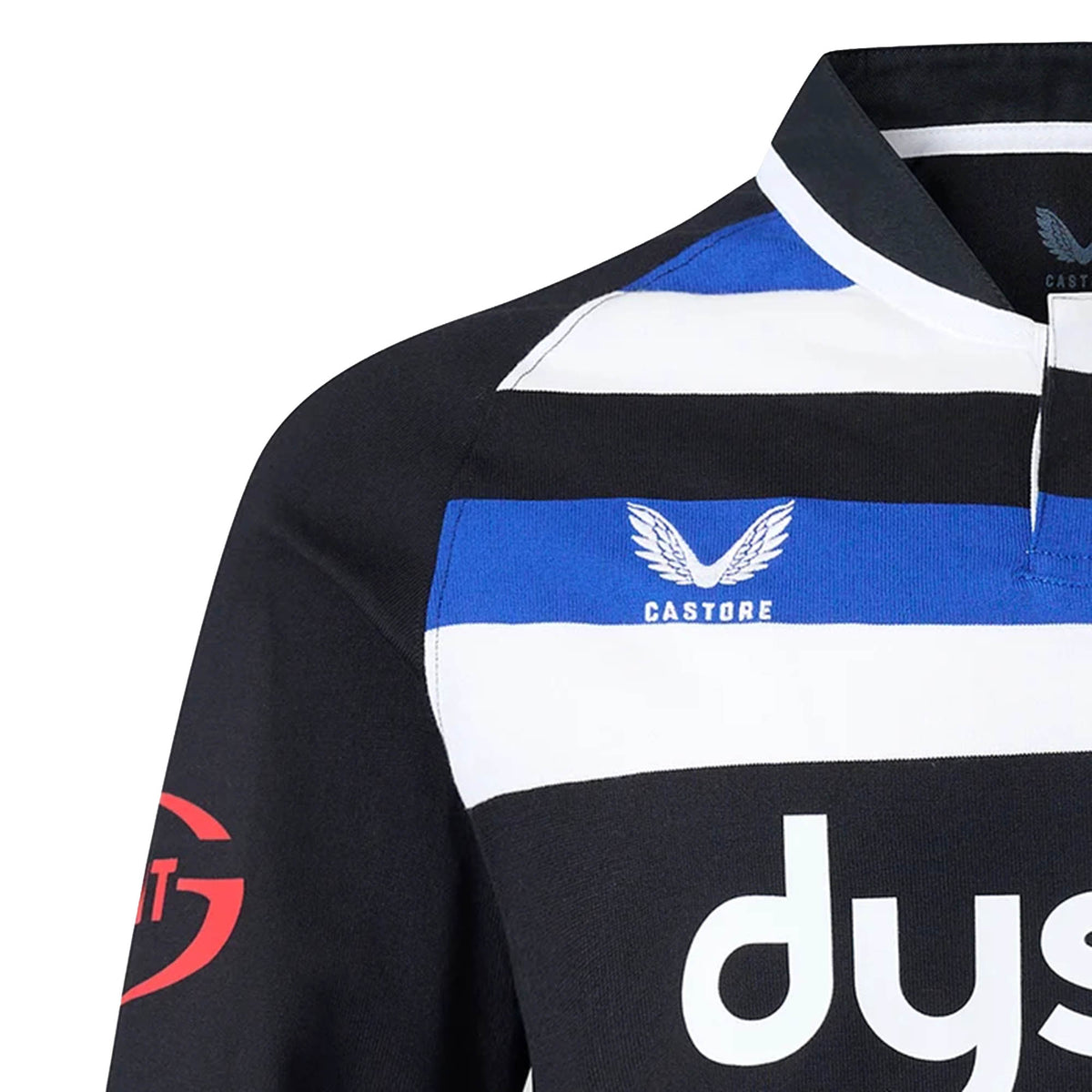 Close-up of the upper left portion of the Bath 26/27 Classic Long Sleeve Home Jersey by Castore, featuring black, white, and blue stripes along with the Castore logo and partial Dyson sponsor text, showcasing its classic design inspired by heritage rugby shirts.