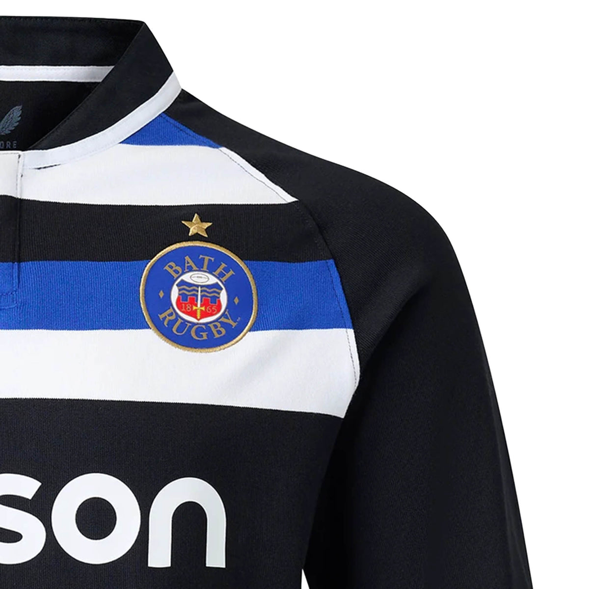 Close-up of the Bath 26/27 Classic Long Sleeve Home Jersey by Castore, a black, white, and blue striped heritage rugby shirt featuring the Bath Rugby club badge with a star above it on the left chest.