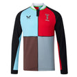The Harlequins 26/27 Classic Long Sleeve Home Jersey by Castore features blue, brown, red, and gray quadrants with black sleeves and a white collar. Showcasing the vintage rugby jersey style that fans love, this long-sleeve shirt displays both the Harlequins rugby logo and the Castore logo on the chest.