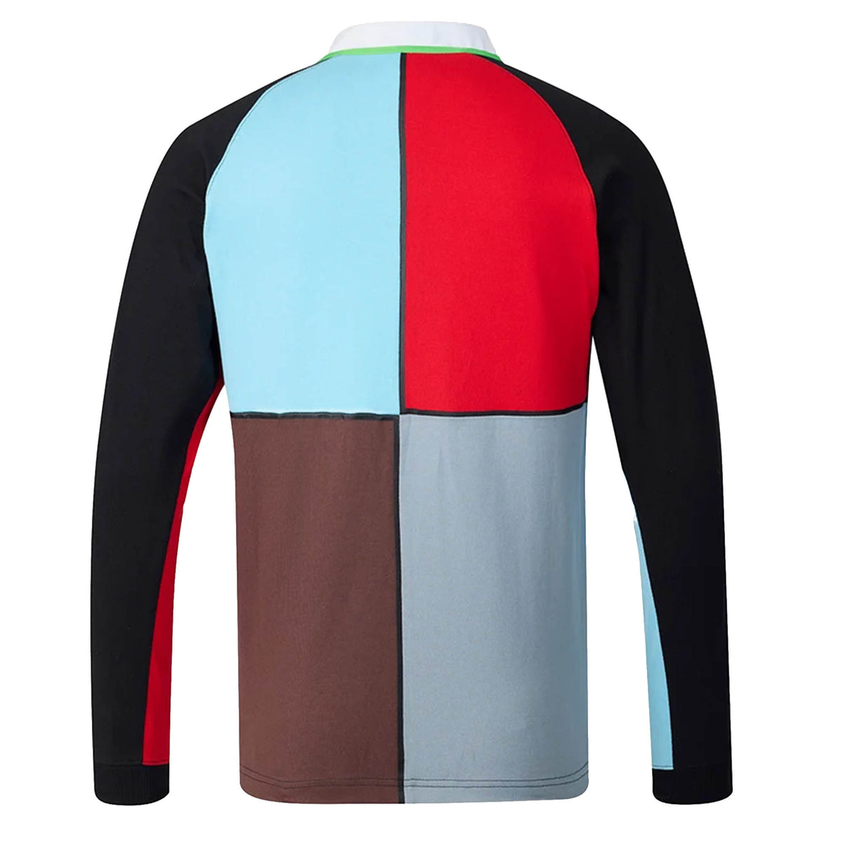 Harlequins 26/27 Classic Long Sleeve Home Jersey by Castore, featuring a colorblock design in black, light blue, red, and brown segments—shown from the back and reminiscent of a classic vintage rugby jersey.
