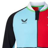 A close-up of the Harlequins 26/27 Classic Long Sleeve Home Jersey by Castore reveals bold black, light blue, and red color-blocked panels, a crisp white collar, and the signature Castore logo on the chest—embodying vintage rugby style with the premium craftsmanship of an authentic Castore rugby shirt.