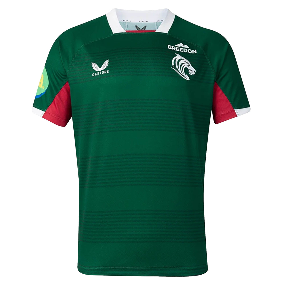 The Leicester 26/27 Replica Home Jersey by Castore features a green short-sleeved design with a white collar, red underarm panels, and distinctive logos such as Castore, Breedon, and a tiger emblem on the chest. This replica jersey by Castore authentically mirrors the official Leicester Tigers home kit for the 2026/27 season.