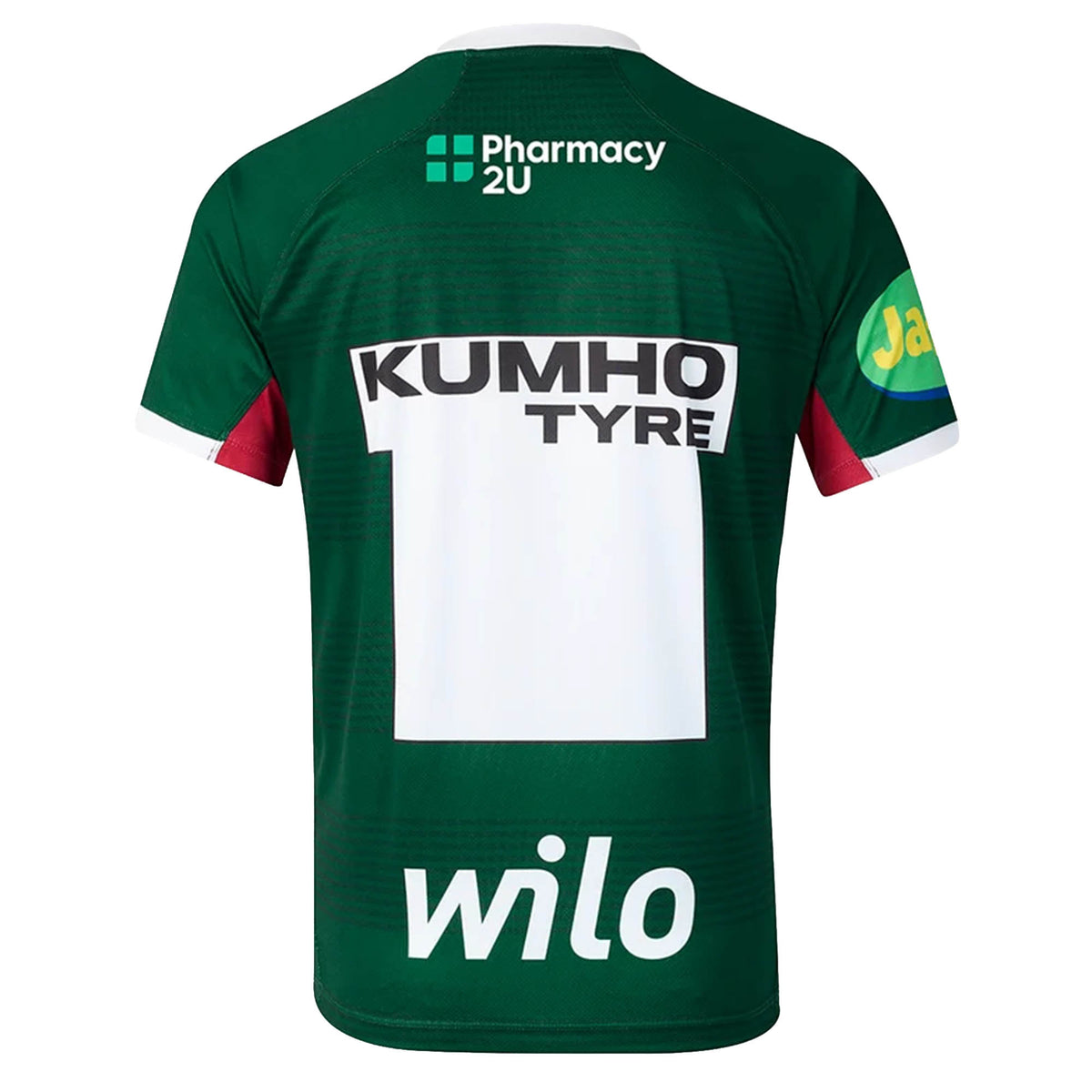 Back view of the Leicester 26/27 Replica Home Jersey by Castore in green, showcasing sponsor logos for Pharmacy2U, Kumho Tyre, and Wilo, with a yellow-green patch on the sleeve.