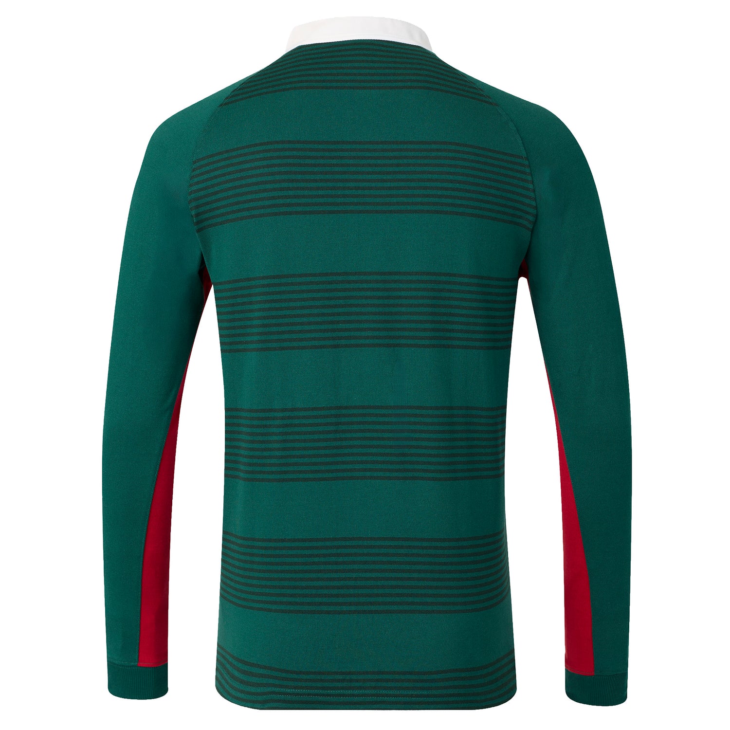 The Leicester 26/27 Classic Long Sleeve Home Jersey by Castore features long sleeves, a green base with horizontal black stripes, red side panels, and a white collar, shown from the back—its design is inspired by classic Leicester Tigers jerseys.