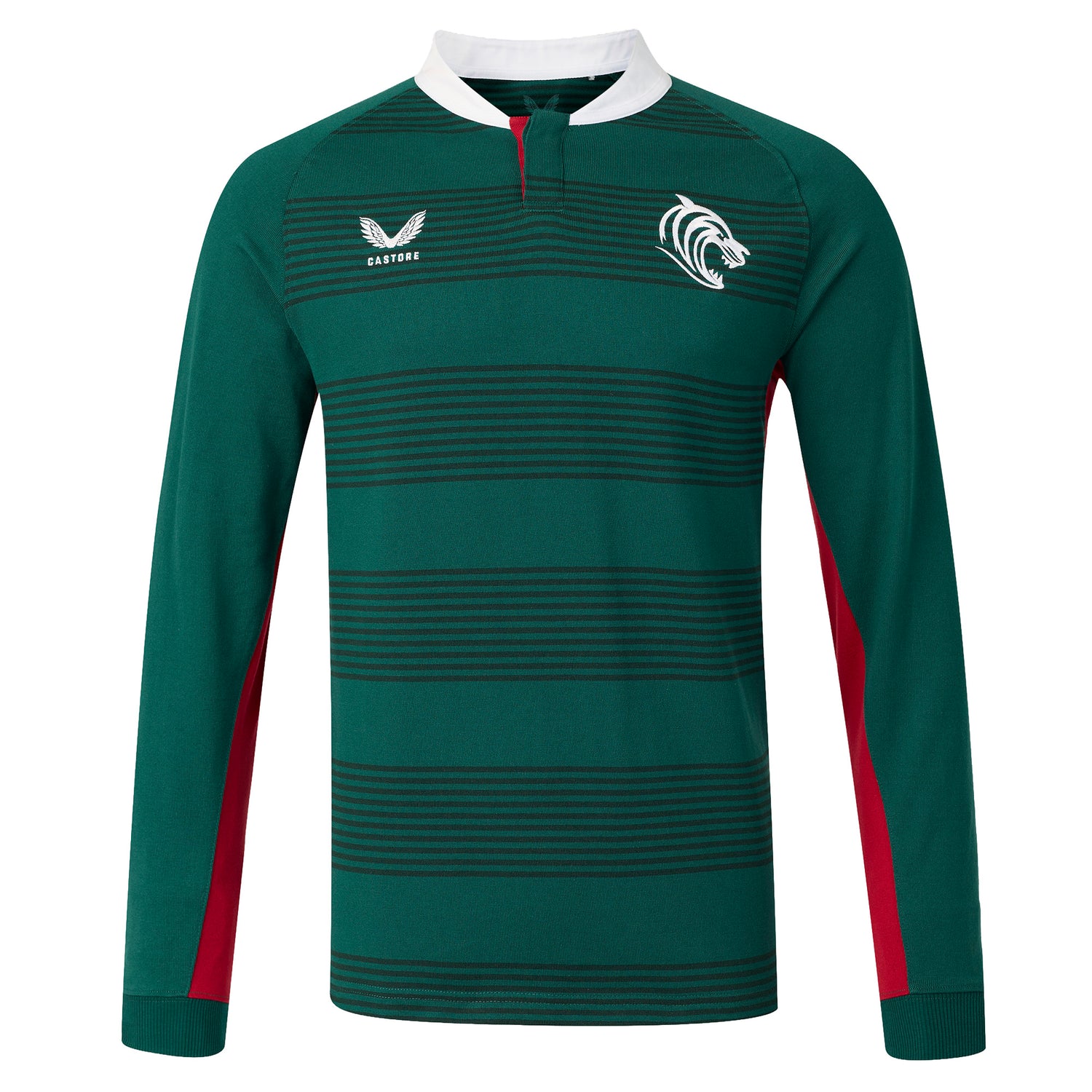 The Leicester 26/27 Classic Long Sleeve Home Jersey by Castore features a green base with horizontal dark stripes, striking red side panels, a crisp white collar, and two chest logos—blending traditional style and modern athletic performance in this official Leicester Tigers jersey.