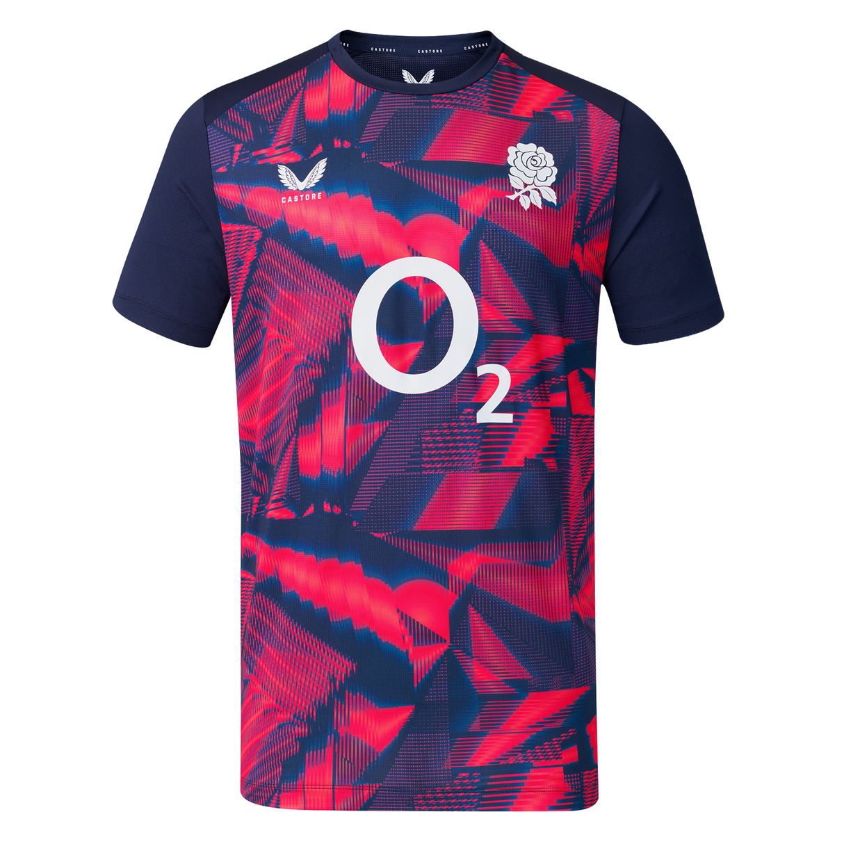 The England 26/27 Pre-Match Top by Castore is a short-sleeved shirt with a navy and bright pink geometric pattern, featuring the O2 logo and a white rose emblem on the chest.