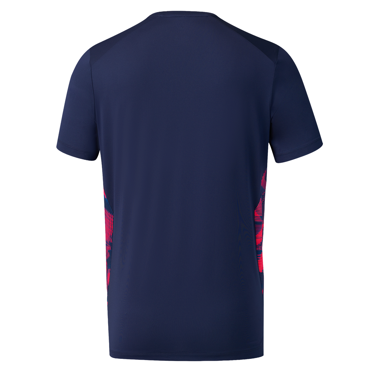 The England 26/27 Pre-Match Top by Castore features navy blue short sleeves and red side accents—ideal for pre-match wear or as a stylish everyday Castore England T-shirt.