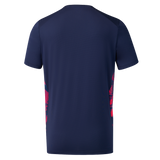 The England 26/27 Pre-Match Top by Castore features navy blue short sleeves and red side accents—ideal for pre-match wear or as a stylish everyday Castore England T-shirt.