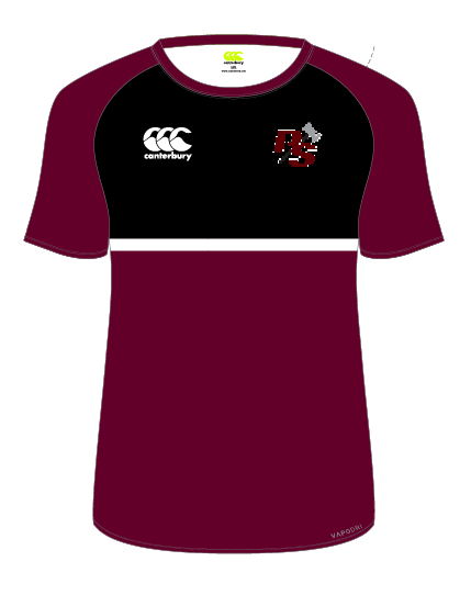 A Puget Sound Rugby CCC Maroon Performance Tee with a white logo on the right chest and a team emblem on the left.