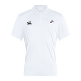 The Phoenix Storm RFC Waimak Polo by EMB Canterbury features a cotton-polyester blend, classic white design with a collar, and showcases the black Canterbury logo on the right chest and an embroidered horse logo on the left chest.