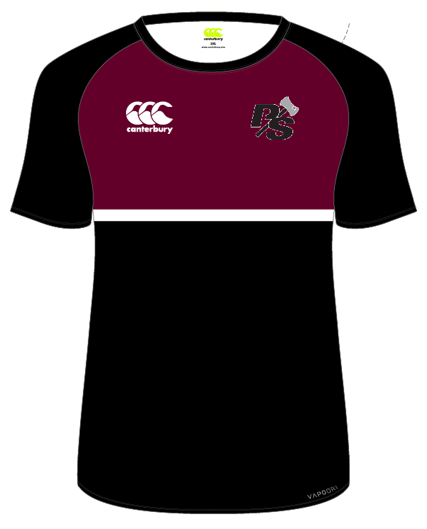 A Puget Sound Rugby CCC Black Performance Tee with the Custom CCC MUD logo on the right chest and a team logo on the left.