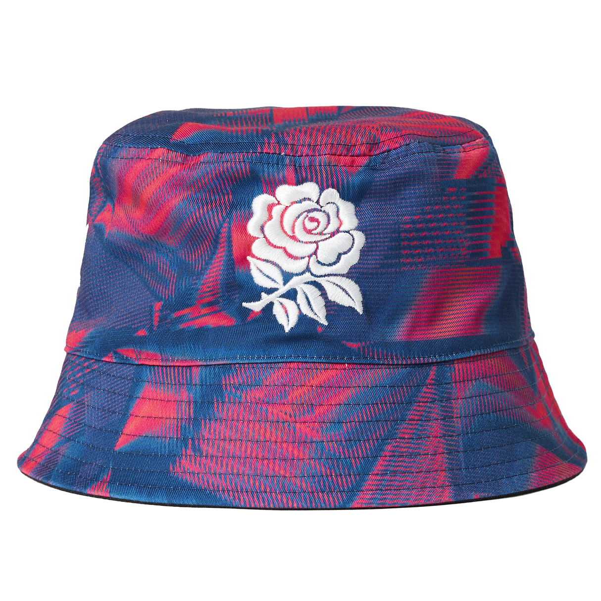 The Castore England 26/27 Reversible Bucket Cap features blue and red patterns and a white embroidered rose on the front, taking inspiration from the iconic England rugby cap.