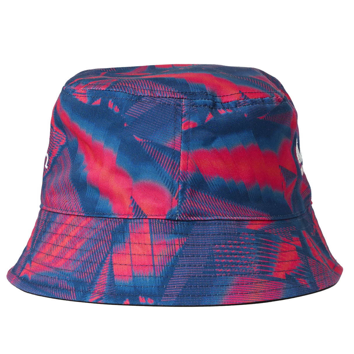 The England 26/27 Reversible Bucket Cap by Castore, featuring a blue and red abstract pattern with a flat top and downward sloping brim, is displayed against a plain white background.