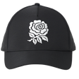 England 26/27 Team Cap by Castore — a black cap featuring a white embroidered rose design on the front panel, inspired by the iconic England Rugby style, displayed against a plain white background.