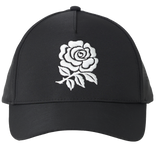 England 26/27 Team Cap by Castore — a black cap featuring a white embroidered rose design on the front panel, inspired by the iconic England Rugby style, displayed against a plain white background.