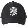 England 26/27 Team Cap by Castore — a black cap featuring a white embroidered rose design on the front panel, inspired by the iconic England Rugby style, displayed against a plain white background.