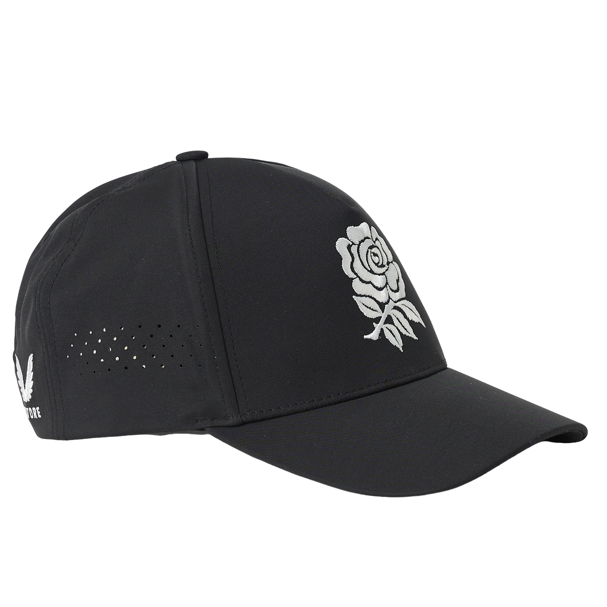 Introducing the England 26/27 Team Cap by Castore—a black baseball cap inspired by the iconic England Rugby headwear, featuring a white rose emblem on the front panel, small ventilation holes on the side, and signature Castore quality.