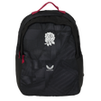 The England 26/27 Backpack by Castore features a black design with a white rose and Castore logo on the front pocket, plus red accents on the handle and zippers—ideal as a durable sports backpack for everyday use.