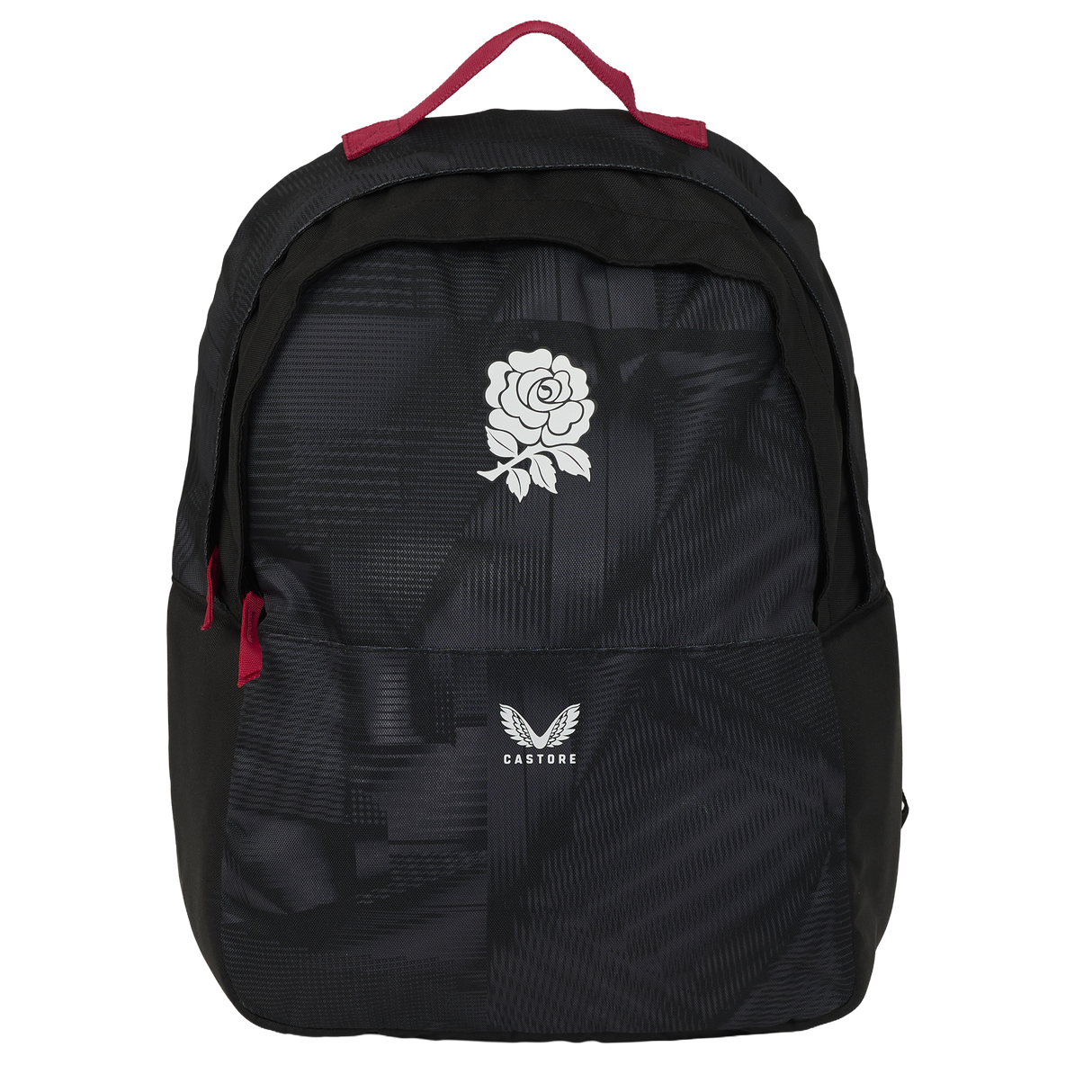 The England 26/27 Backpack by Castore features a black design with a white rose and Castore logo on the front pocket, plus red accents on the handle and zippers—ideal as a durable sports backpack for everyday use.