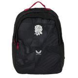 The England 26/27 Backpack by Castore features a black design with a white rose and Castore logo on the front pocket, plus red accents on the handle and zippers—ideal as a durable sports backpack for everyday use.