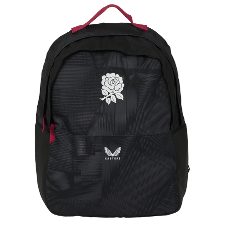The England 26/27 Backpack by Castore features a black design with a white rose and Castore logo on the front pocket, plus red accents on the handle and zippers—ideal as a durable sports backpack for everyday use.