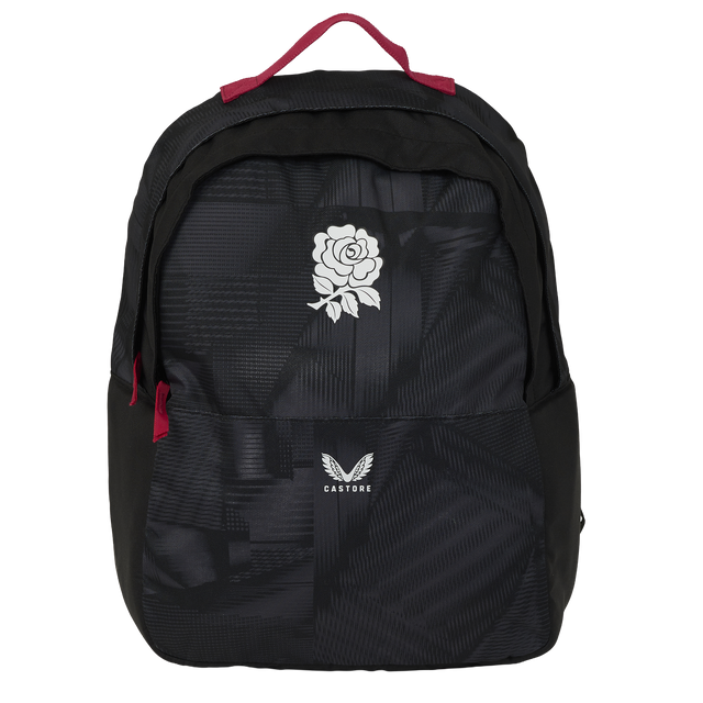 The England 26/27 Backpack by Castore features a black design with a white rose and Castore logo on the front pocket, plus red accents on the handle and zippers—ideal as a durable sports backpack for everyday use.